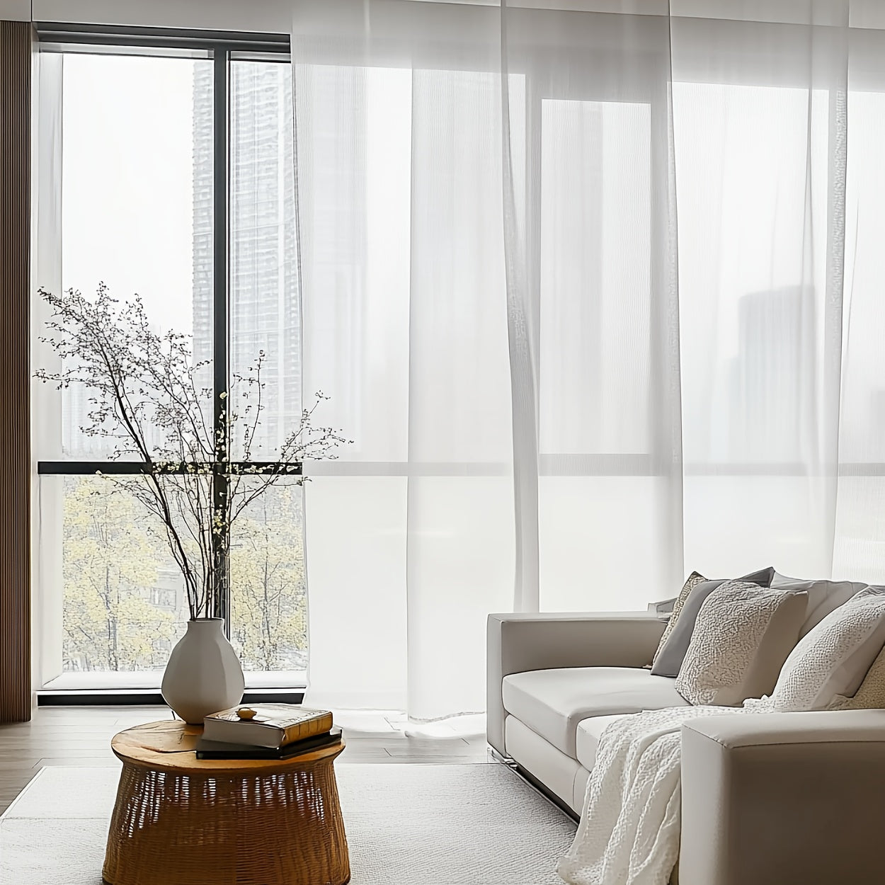 Rideau moderne blanc semi-transparent 2 pièces en tulle 100 % polyester