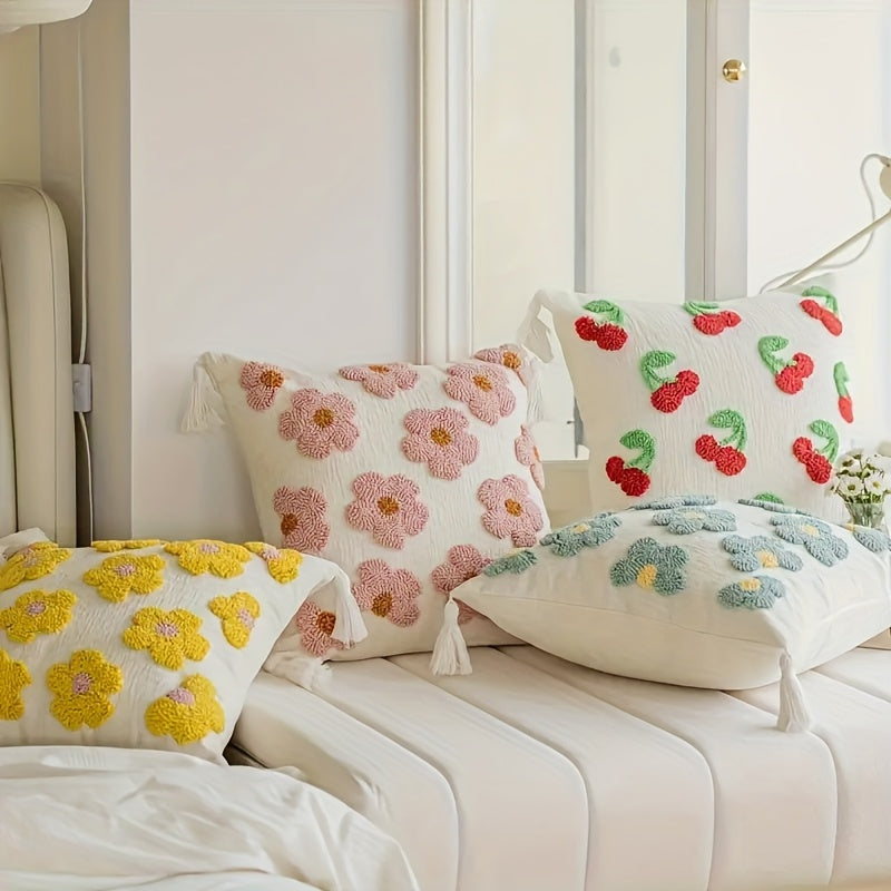 Housse de coussin en chenille avec broderie florale en boucle, au style bohème printanier