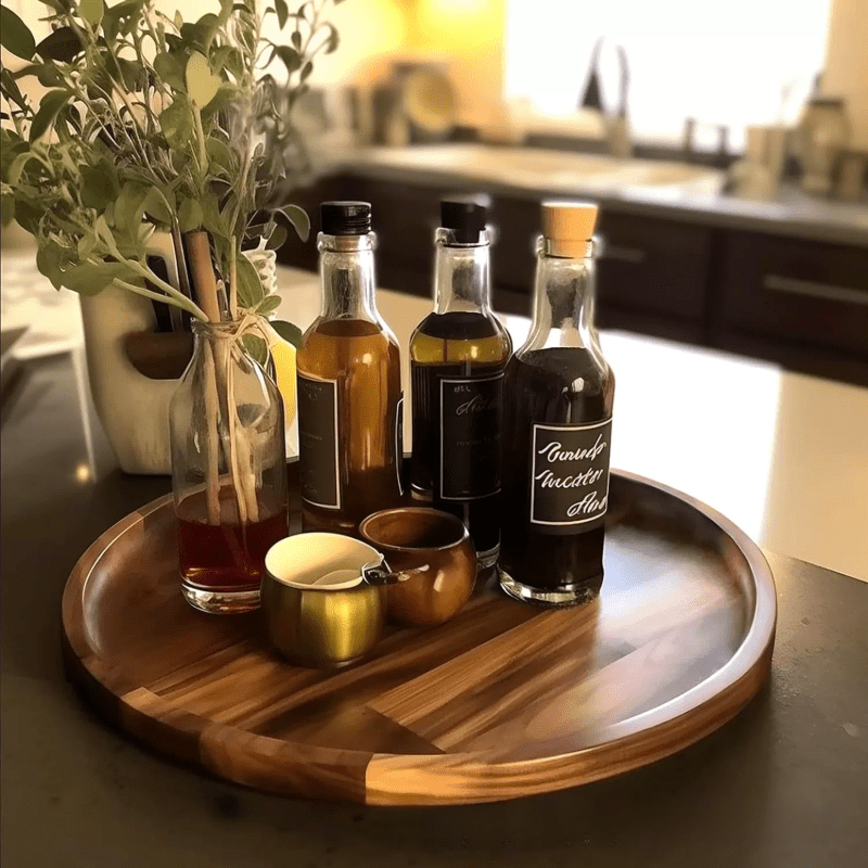Plateau rond en bois pour décoration et rangement de bureau
