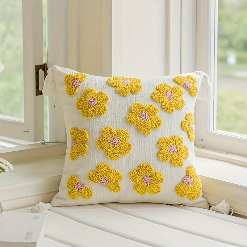 Housse de coussin en chenille avec broderie florale en boucle, au style bohème printanier