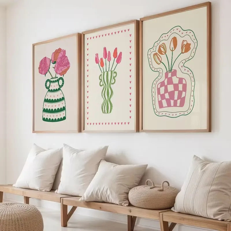 3 affiches sur toile avec vases de fleurs colorées