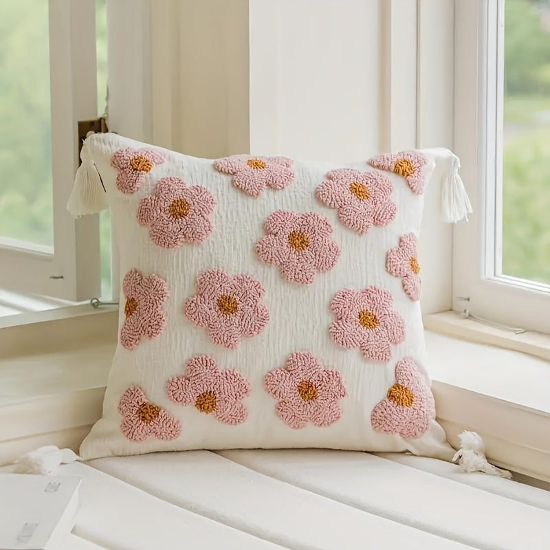 Housse de coussin en chenille avec broderie florale en boucle, au style bohème printanier