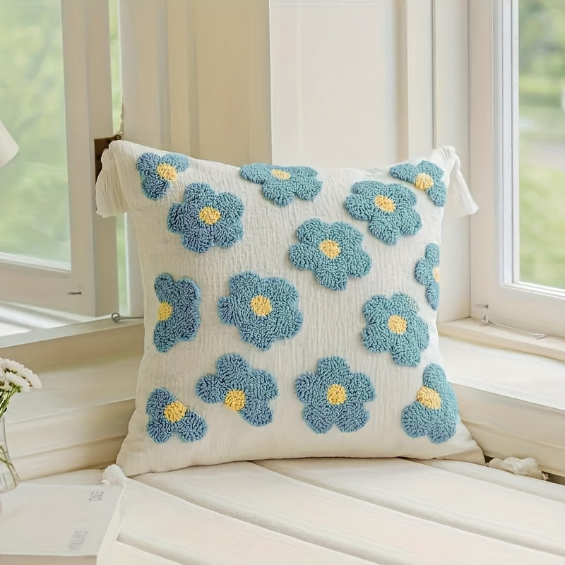 Housse de coussin en chenille avec broderie florale en boucle, au style bohème printanier
