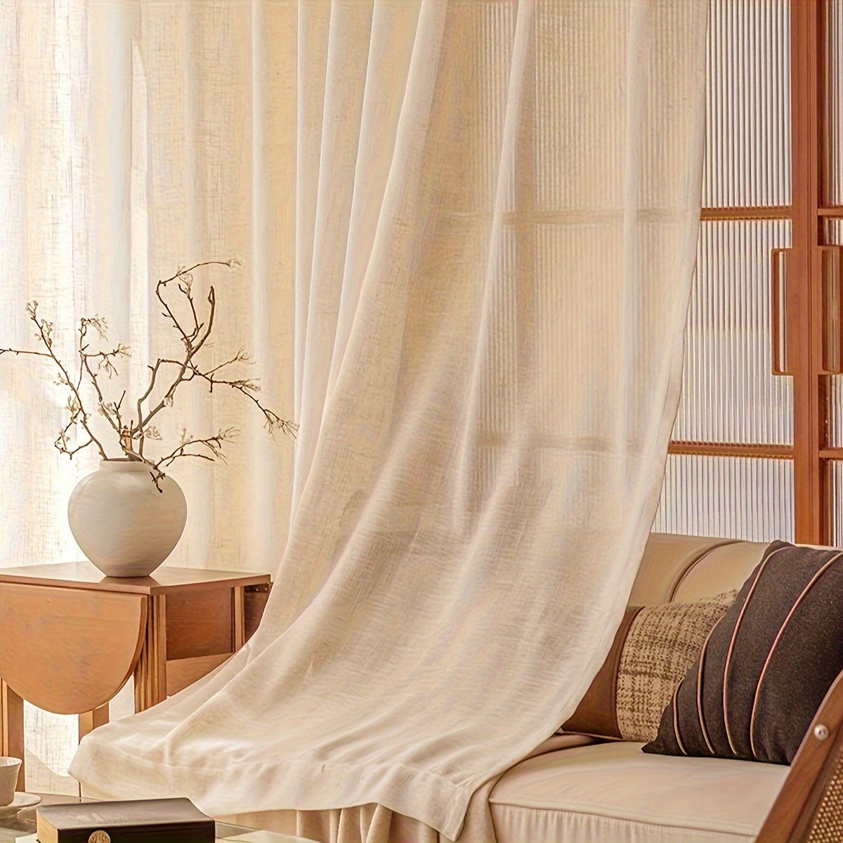 Lot de 2 rideaux tamisants style japonais en imitation lin